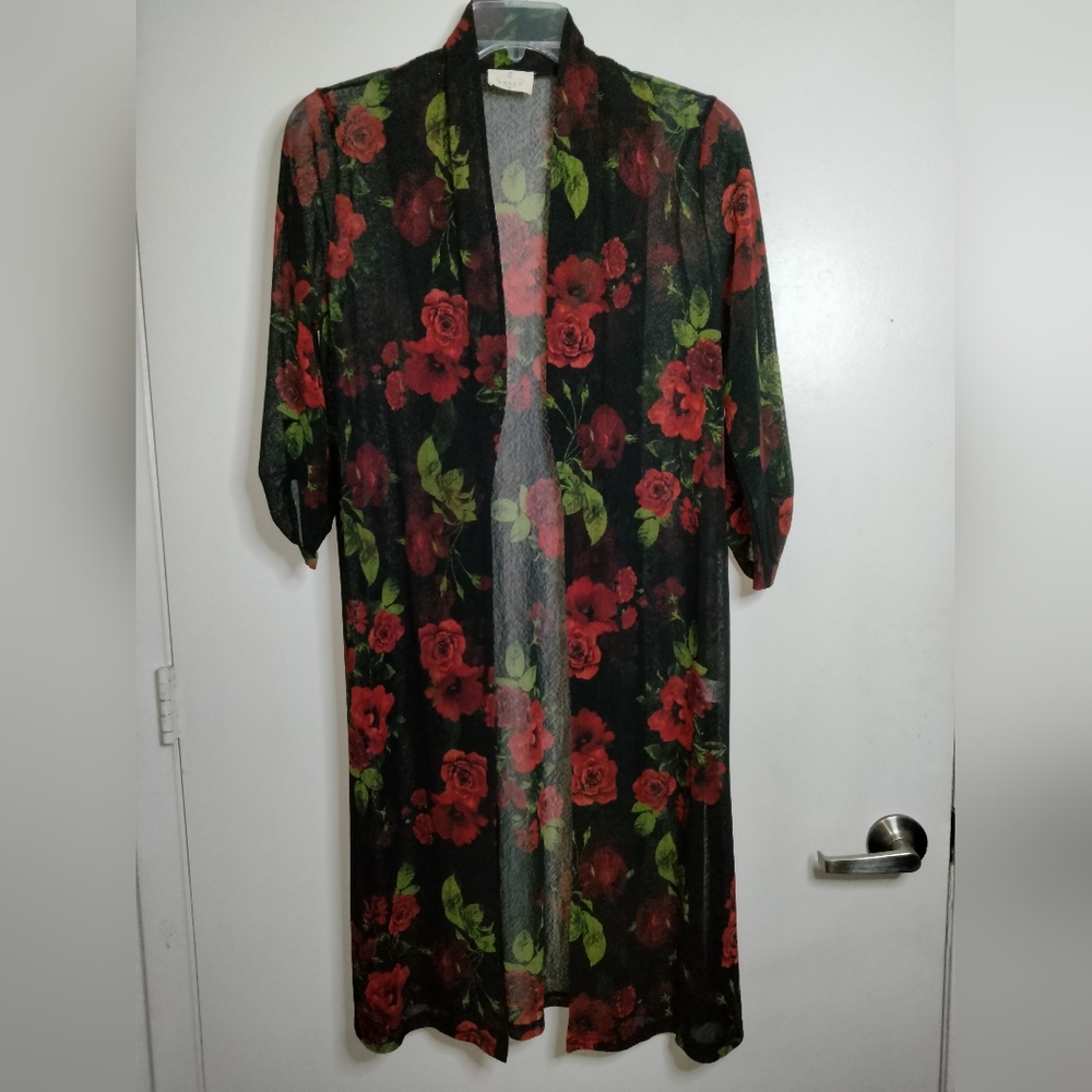 Ember (Size M) Multicolor Floral Semi-sheer Roll Tab Sleeve Open Duster Cardigan
